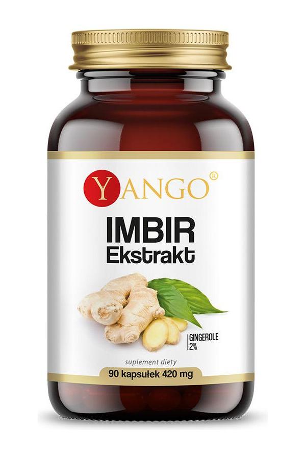 Yango Ginger supplement bottle with 90 caps, containing standardized ginger extract for digestive support.