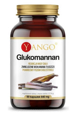 Yango Glucomannan supplement bottle, 90 capsules, promotes weight loss and healthy cholesterol levels.