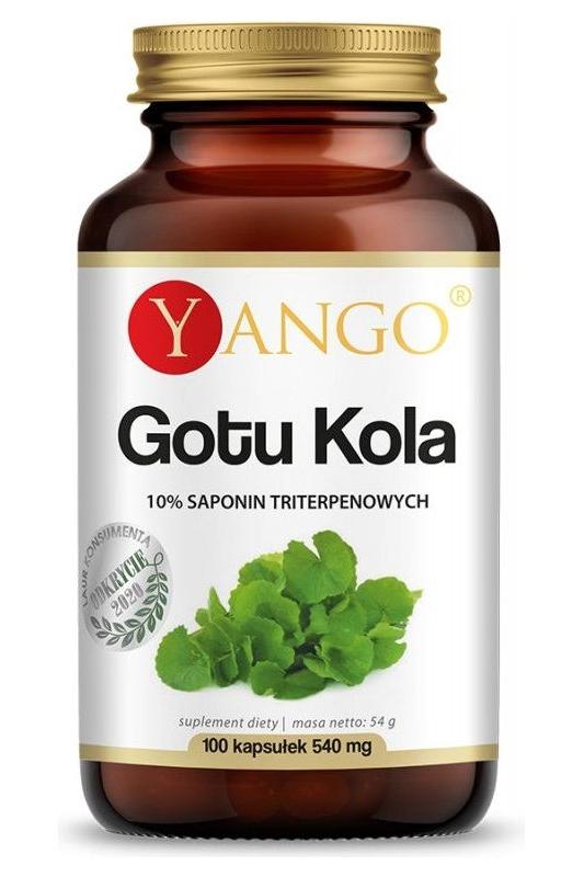 Yango Gotu Kola supplement bottle with 100 vegetarian capsules and benefits of 10% saponins.
