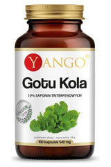 Yango Gotu Kola supplement bottle with 100 vegetarian capsules and benefits of 10% saponins.