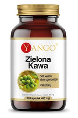 Yango Green Coffee capsules bottle with 50% chlorogenic acid and 4% caffeine, supporting metabolism and weight loss.