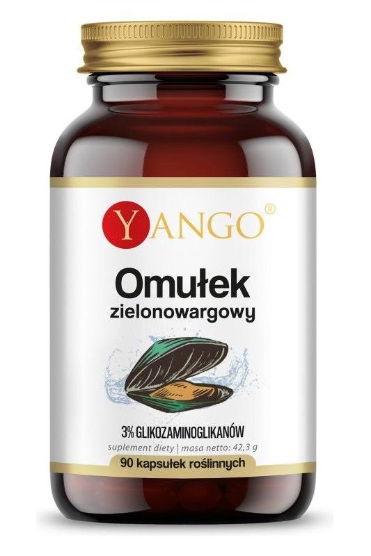 Yango Green Mussel Extract in a 90-capsule bottle, featuring benefits of 3% glycosaminoglycans and plant-based capsules.