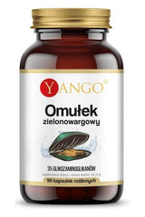 Yango Green Mussel Extract in a 90-capsule bottle, featuring benefits of 3% glycosaminoglycans and plant-based capsules.