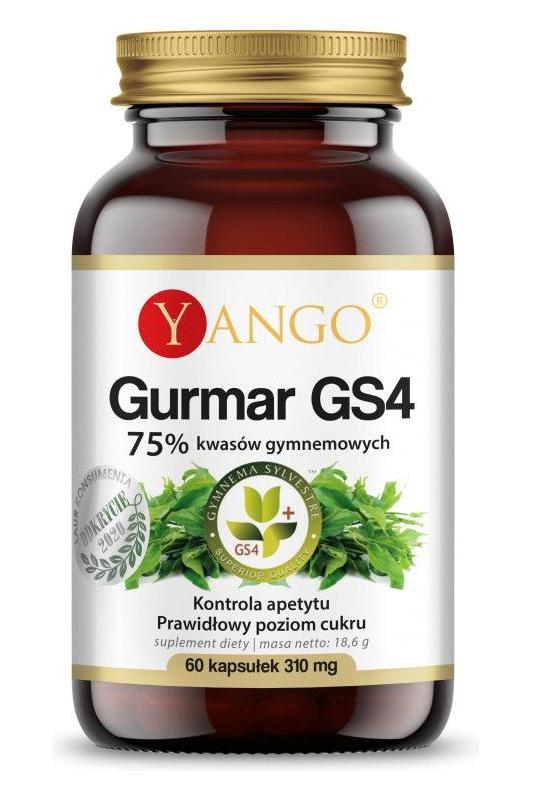 Yango Gurmar GS4 supplement bottle containing 75% gymnemic acid, for appetite control and blood sugar regulation.