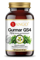 Yango Gurmar GS4 supplement bottle containing 75% gymnemic acid, for appetite control and blood sugar regulation.