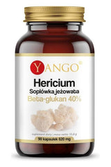 Yango Hericium dietary supplement with 40% beta-glucan, 90 capsules in a brown bottle.