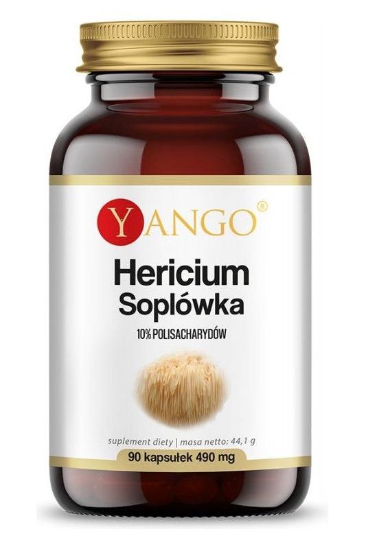 Yango Hericium supplement bottle with 90 capsules for cognitive support and antioxidants.
