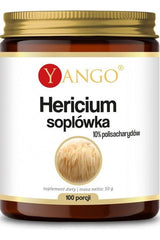 Yango Hericium supplement jar with 10% polysaccharides, 100 servings, featuring cognitive health benefits.