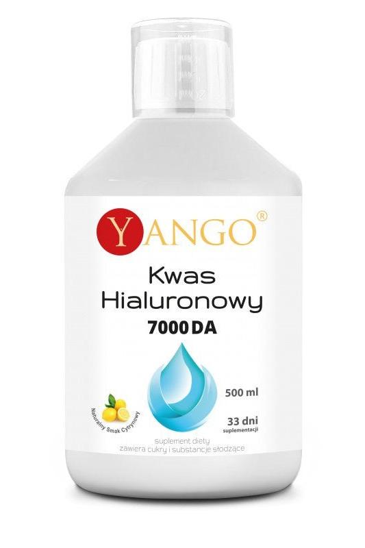 Yango Hyaluronic Acid 7000 Da, 500 ml bottle, dietary supplement with lemon flavor, improves skin and joint health.