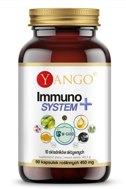 Yango Immune System+ supplement bottle with 90 capsules supporting natural immunity and health.