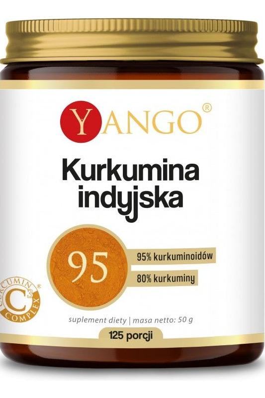 Yango Indian Curcumin supplement jar, 50 g, 95% curcuminoids for immune support and antioxidant benefits.