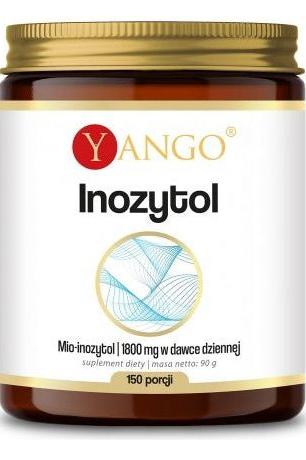 Yango Inozytol supplement jar, 1800 mg per serving, 150 servings, supports insulin response and hormone balance.