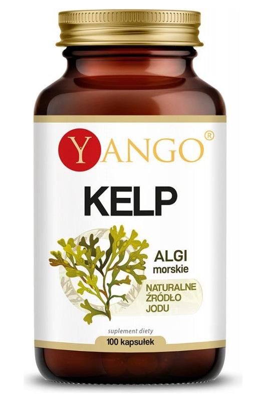 Yango Kelp supplement bottle, 100 caps, natural source of iodine and cognitive support.