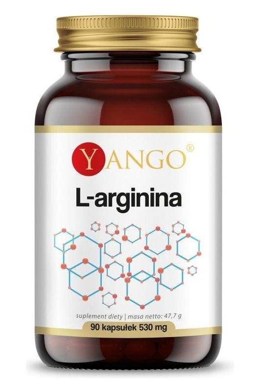 Yango L-Arginine supplement bottle, 90 capsules, supports blood circulation and muscle growth.