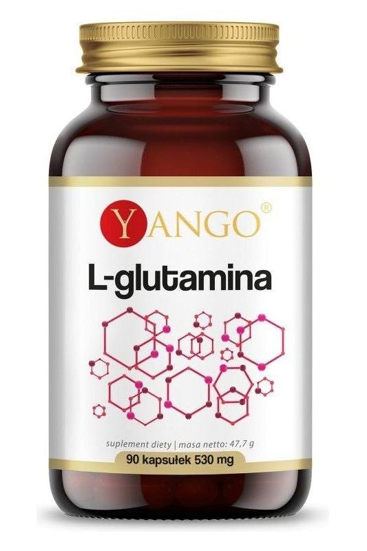 Bottle of Yango L-Glutamine supplement with 90 capsules, labeled for dietary use.