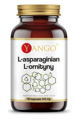 Yango L-Ornithine L-Aspartate supplement bottle with 90 capsules and molecular structure design.