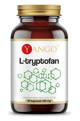 Yango L-Tryptophan supplement bottle containing 90 vegetarian capsules, promoting serotonin and melatonin production.