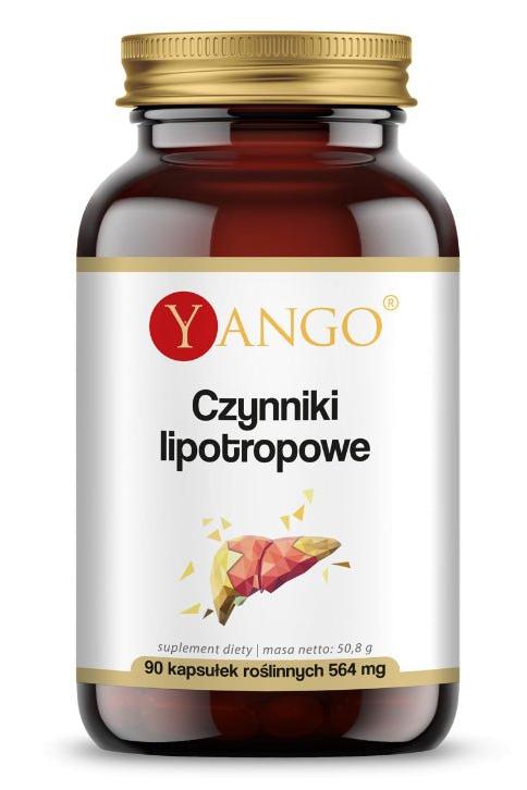 Yango Lipotropic Factors supplement bottle, 90 capsules, supports fat metabolism and liver health.