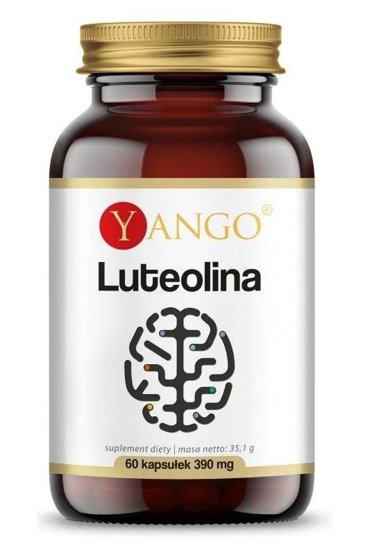 Yango Luteolin supplement bottle containing 60 capsules, supports brain and heart health, antioxidant properties.