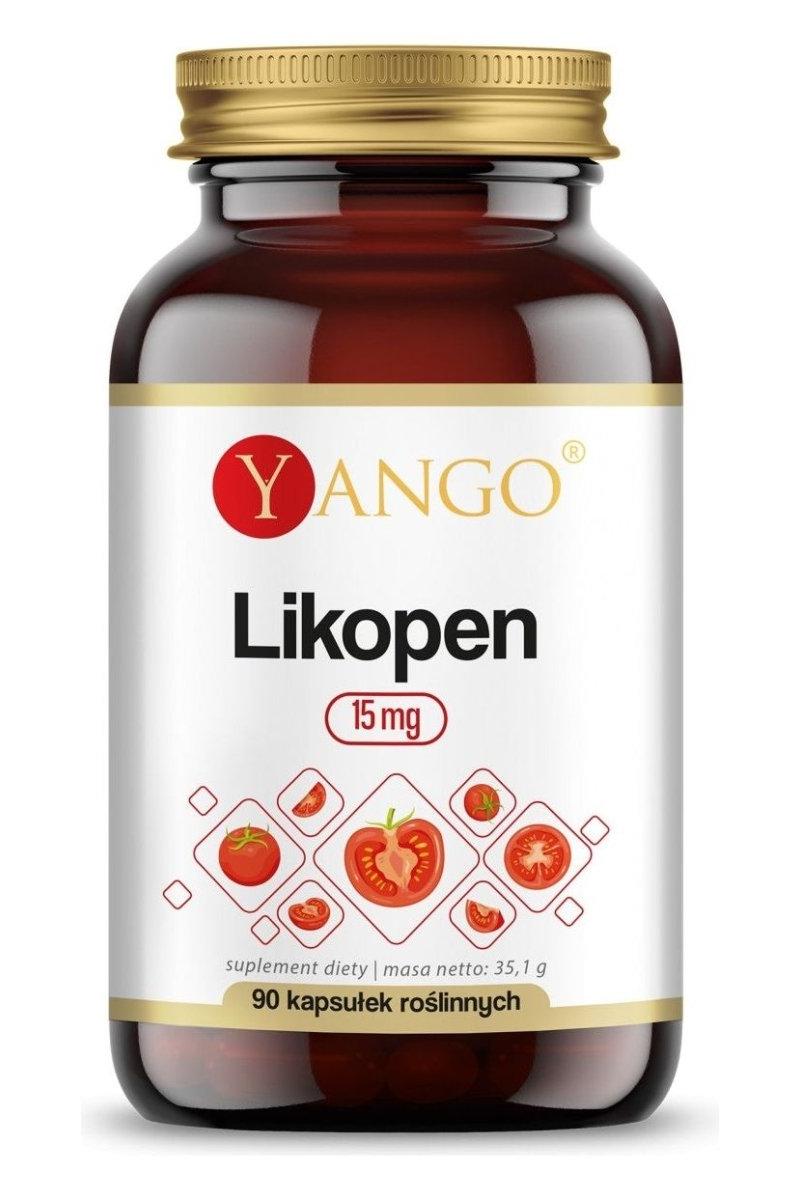Yango Lycopene dietary supplement with 90 capsules, 15 mg per capsule, promoting antioxidant health.