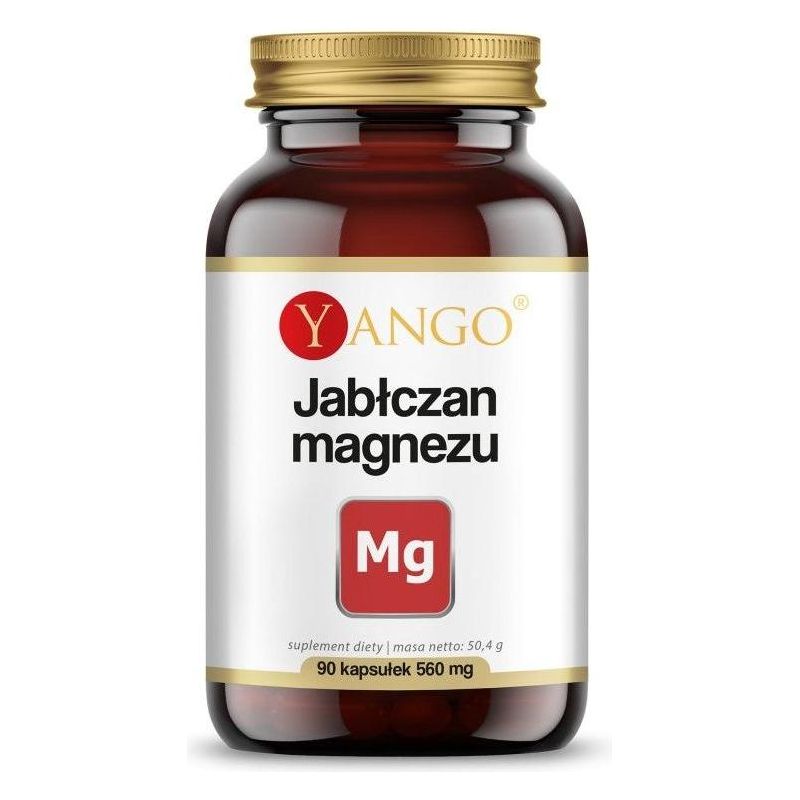 Yango Magnesium Jablate jar with 90 capsules, featuring a label in Polish with magnesium benefits.