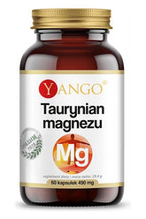 Yango Taurinat magnesium dietary supplement in a brown glass bottle, 60 capsules, 490 mg.