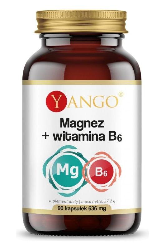 Yango Magnesium + Vitamin B6 supplement bottle with 90 capsules, supports muscle function and energy metabolism.