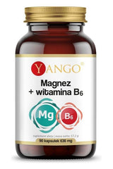 Yango Magnesium + Vitamin B6 supplement bottle with 90 capsules, supports muscle function and energy metabolism.