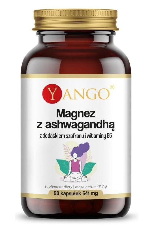 Yango Magnesium with Ashwagandha, Saffron, and Vitamin B6 supplement bottle, 90 capsules.