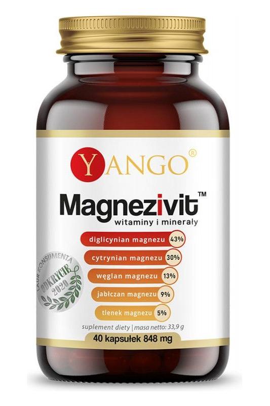 Yango Magnezivit magnesium and minerals supplement bottle with 40 capsules and key ingredient percentages.