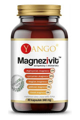 Yango Magnezivit magnesium and minerals supplement bottle with 40 capsules and key ingredient percentages.