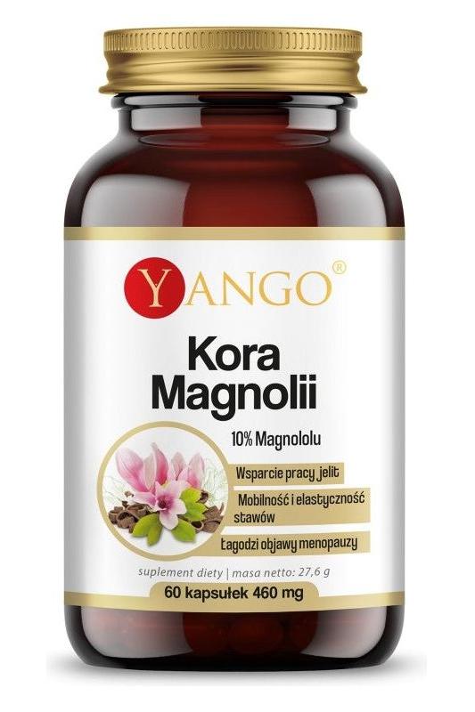Yango Magnolia Bark supplement bottle, 10% Magnolol, 60 vegetarian capsules for digestive health and joint support.