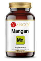 Yango Mangan dietary supplement bottle with 90 vegetable capsules for energy metabolism and free radical neutralization.