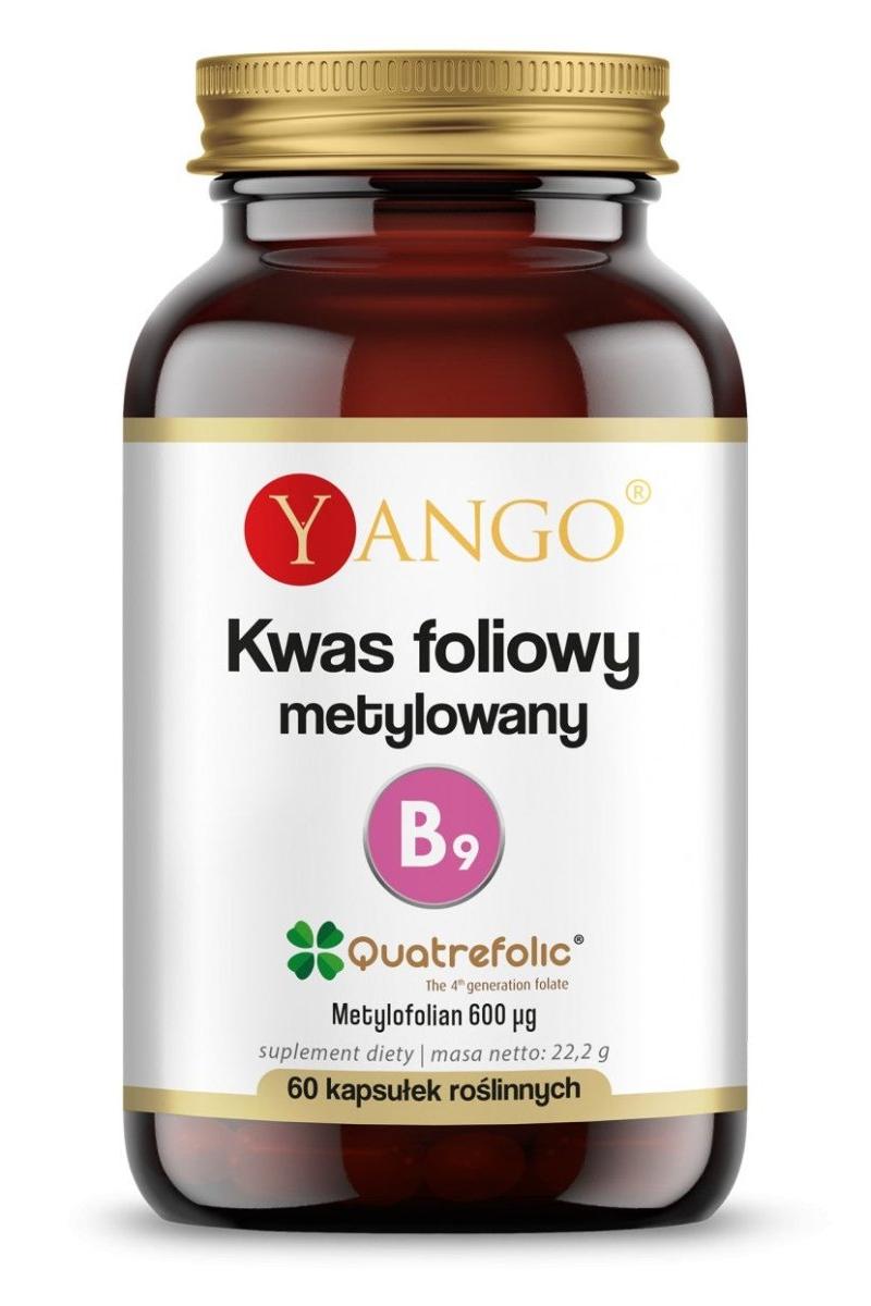 Yango Methylated Folic Acid supplement bottle, 60 capsules, supports health and well-being.