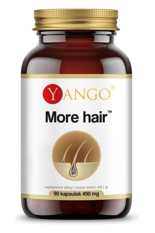 Bottle of Yango More Hair dietary supplement, 90 capsules for hair health and growth.