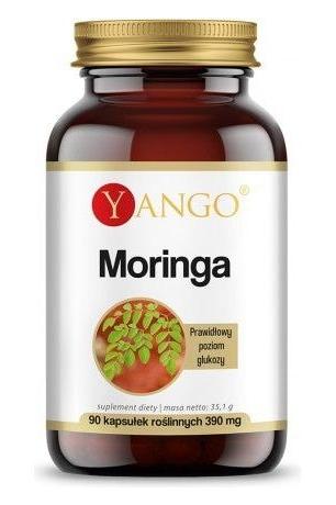 Yango Moringa supplement jar with 90 vegan capsules, rich in nutrients and antioxidants.