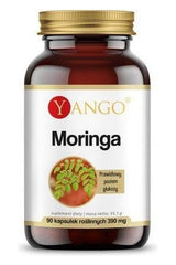 Yango Moringa supplement jar with 90 vegan capsules, rich in nutrients and antioxidants.