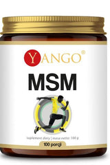 Yango MSM supplement jar, 100g, promoting joint health and detoxification benefits.