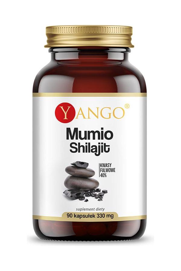 Yango Mumio Shilajit dietary supplement bottle, 90 capsules, promoting health and well-being.