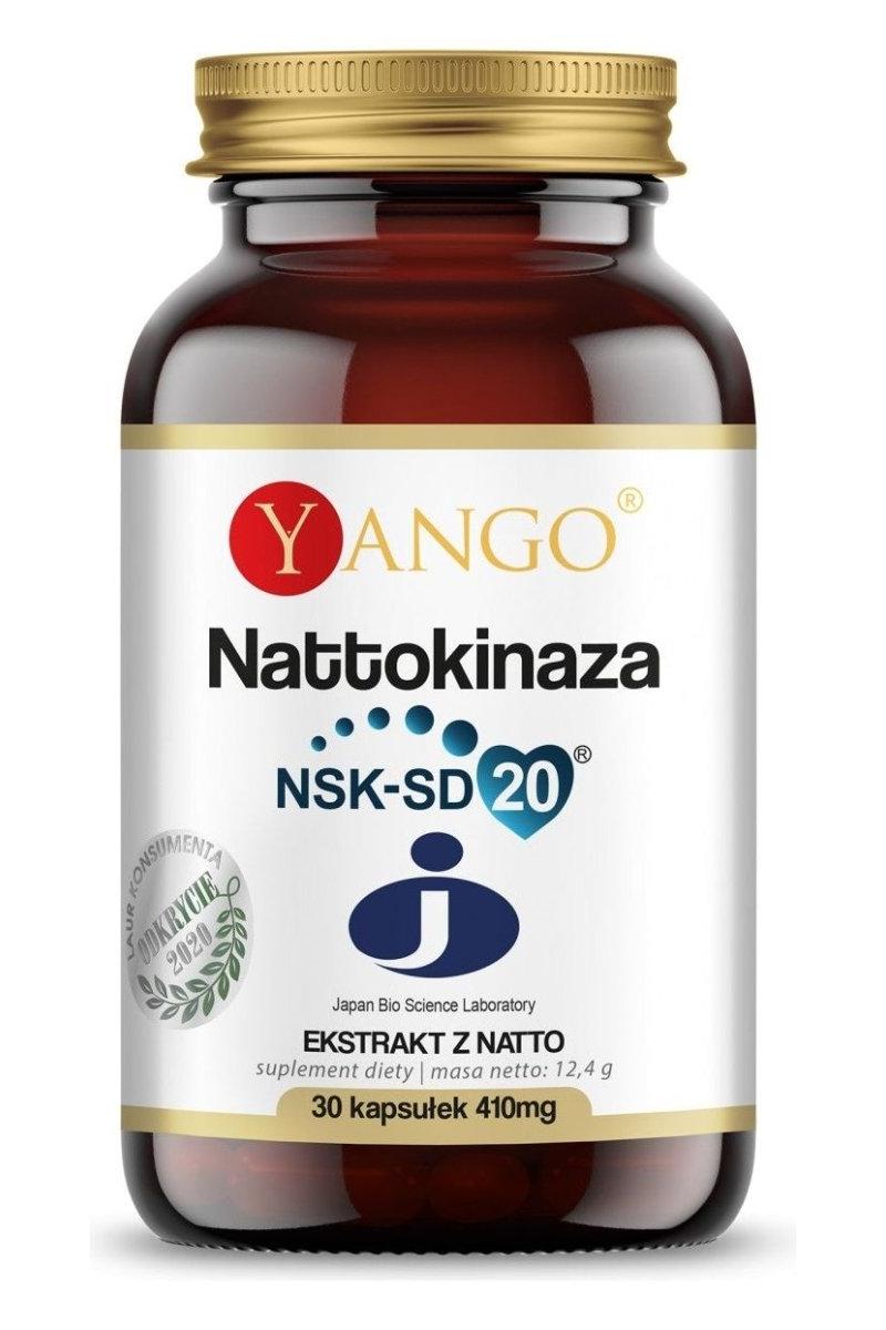 Yango Nattokinaza NSK-SD 20 supplement bottle, 30 vegan capsules for heart health and circulation.