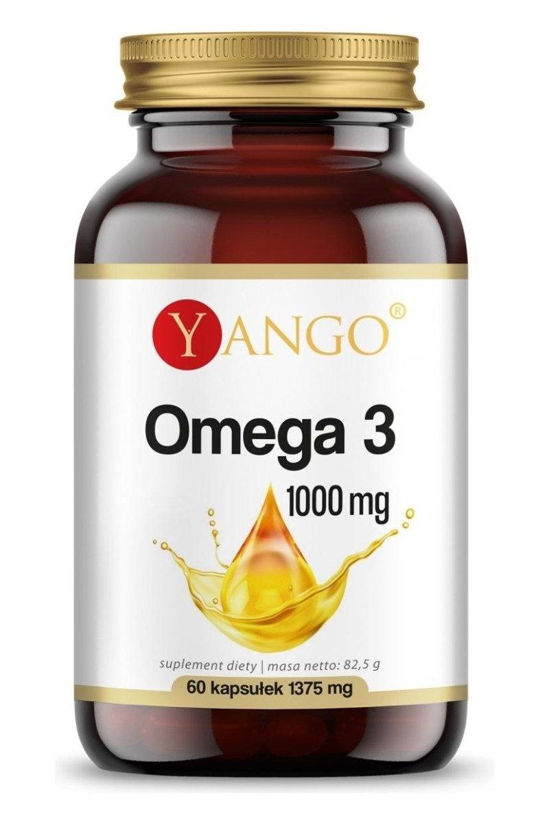 Yango Omega 3 supplement bottle, 1000 mg, 60 capsules for heart and brain health support.