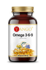 Yango Omega 3-6-9 dietary supplement bottle with 60 capsules, supporting heart and brain health.