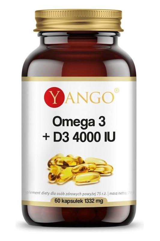 Yango Omega 3+D3 4000 IU supplement bottle with 60 capsules, promoting heart and bone health.