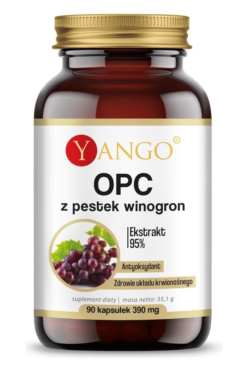 Yango OPC Form Grape Seed supplement bottle with 90 vegan capsules and 95% antioxidants from grape seeds.