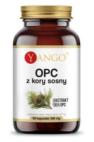 Yango OPC from Pine Bark supplement bottle, 90 vegetarian capsules, 95% OPC extract for antioxidant support.