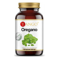 Yango Oregano extract supplement bottle, 90 vegetarian capsules for respiratory health and digestive support.