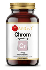 Yango Organic Chrome supplement bottle showing 90 capsules for metabolism support and blood glucose maintenance.