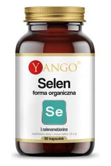 Yango Organic Selenium supplement bottle, 90 capsules, supports immune system and thyroid function.