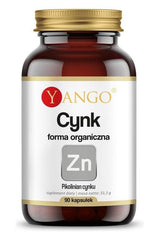 Yango Organic Zinc supplement bottle with 90 capsules, supports protein synthesis and bone health.