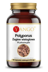 Yango Polyporus supplement bottle with 90 capsules, 10% polysaccharides for immune support and antioxidant benefits.